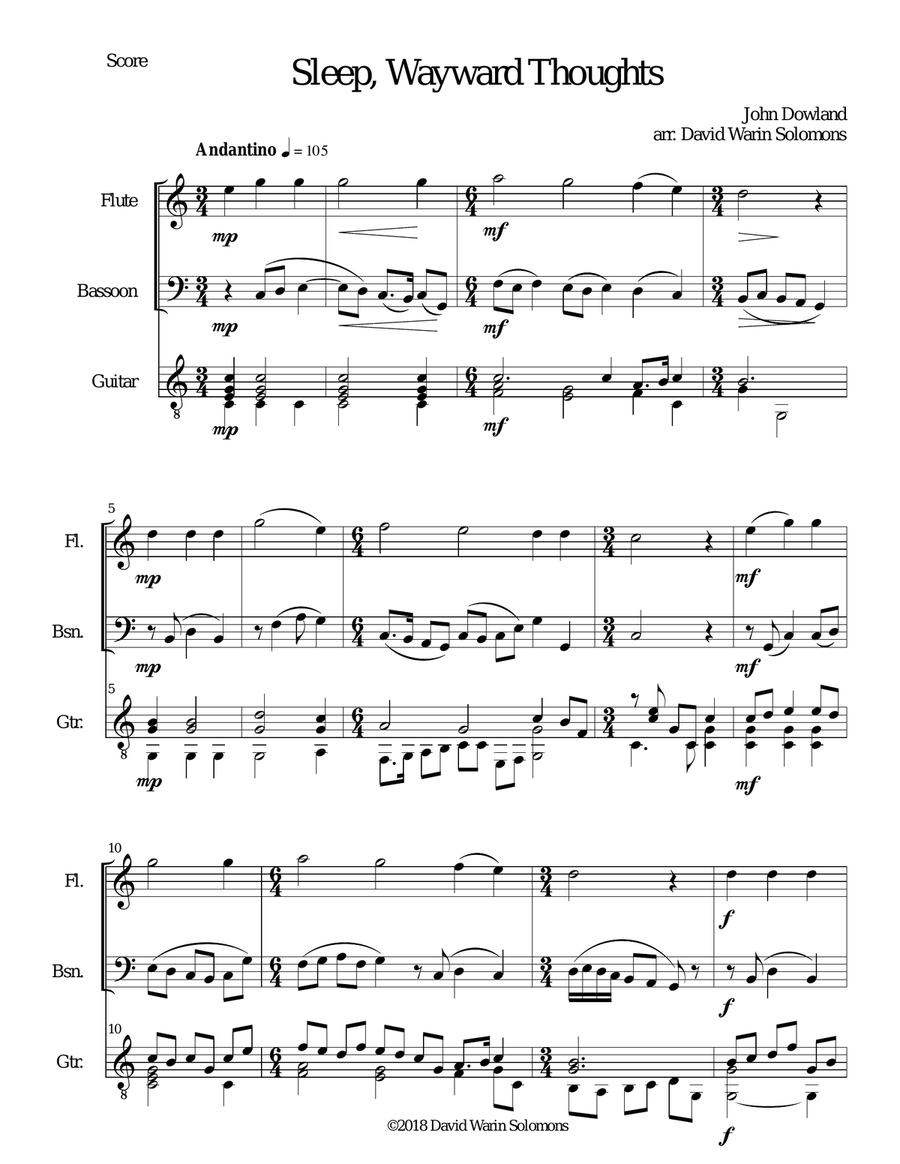 Sleep Wayward Thoughts for flute, bassoon and guitar Bassoon scores gallery preview page 1