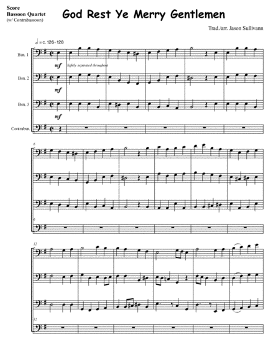 God Rest Ye Merry Gentlemen for Bassoon Quartet (W/Contrabsn.) Woodwind Quartet scores gallery preview page 1