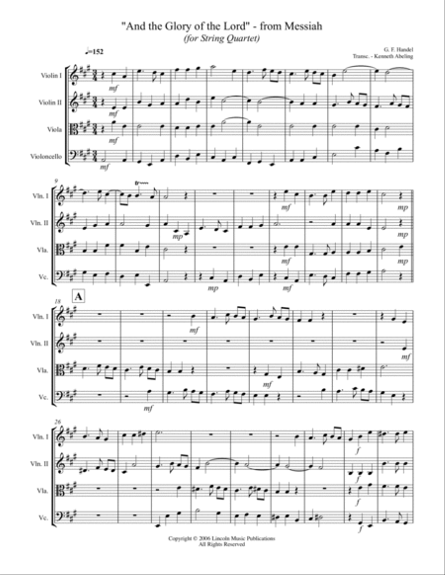 Handel - And the Glory of the Lord from Messiah (for String Quartet) String Quartet scores gallery preview page 2