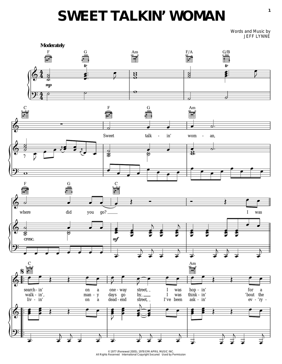 Sweet Talkin' Woman Piano, Vocal, Guitar scores gallery preview page 1