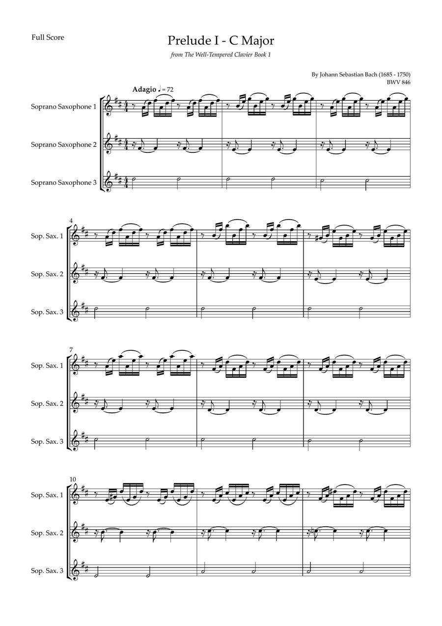 Prelude 1 in C Major BWV 846 (from Well-Tempered Clavier Book 1) for Soprano Saxophone Trio