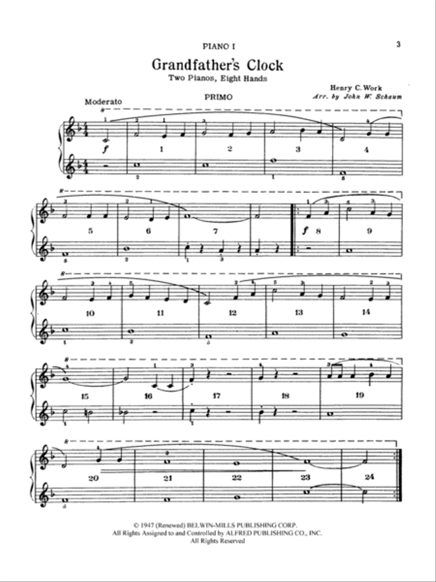 Grandfather's Clock - Piano Quartet (2 Pianos, 8 Hands) Cello scores gallery preview page 2