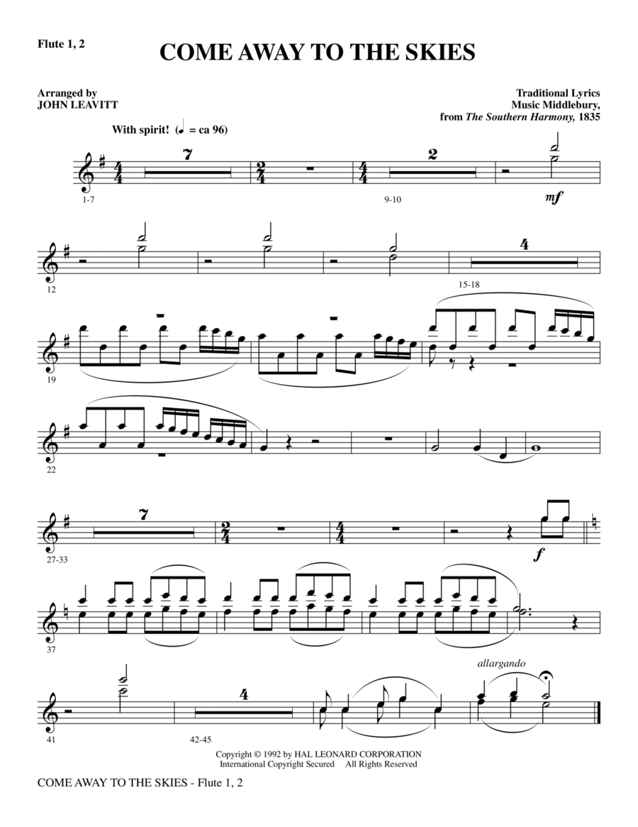Come Away To The Skies - Flute 1 & 2 Choir scores gallery preview page 1