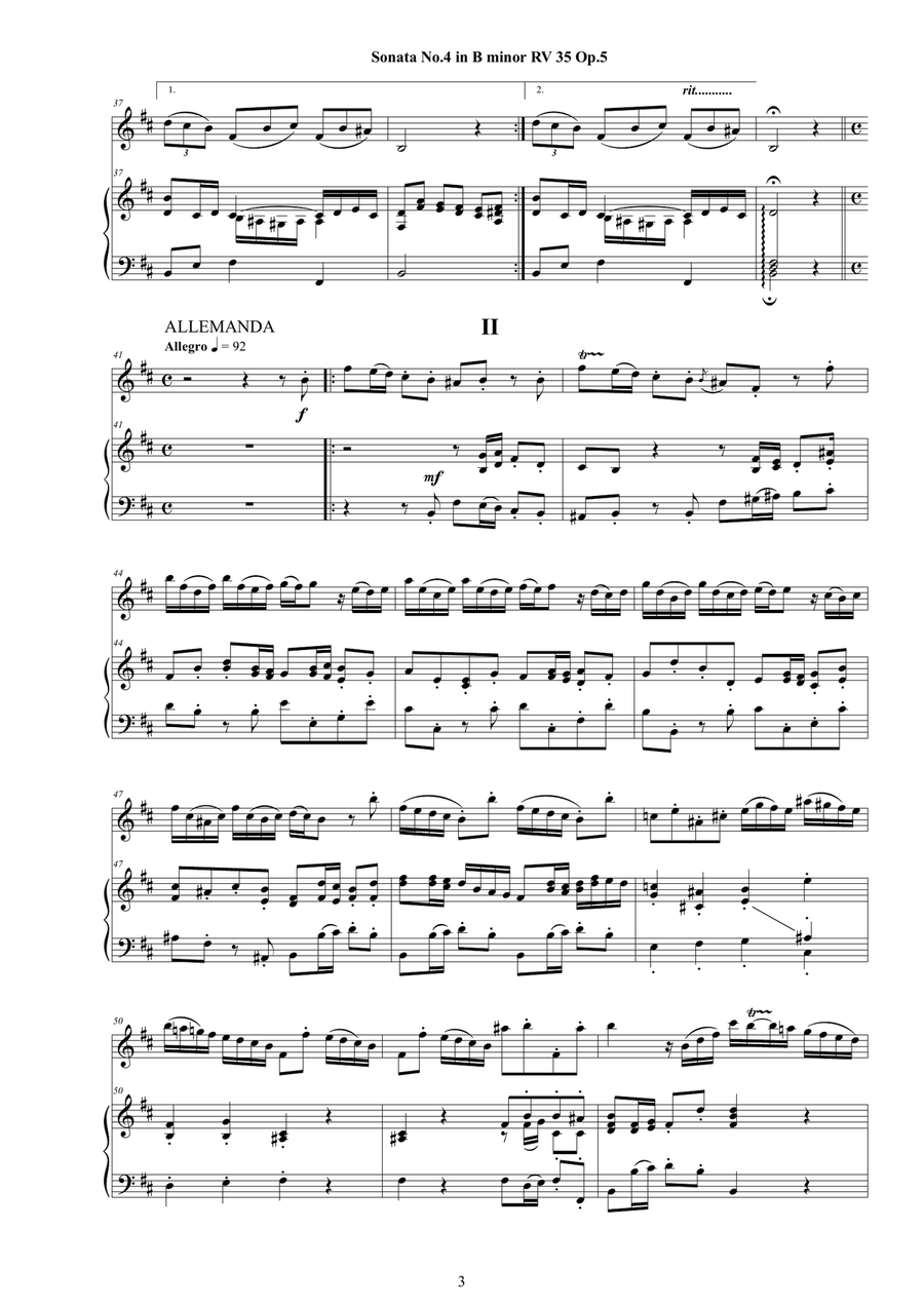 Vivaldi - Violin Sonata No. 4 in B minor RV 35 Op.5 for Violin and Cembalo (or Piano) String Duet scores gallery preview page 3
