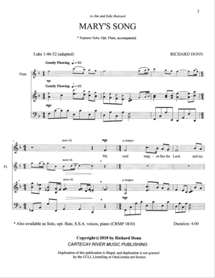 MARY'S SONG ~ Sop. solo, opt. flute Flute scores gallery preview page 3