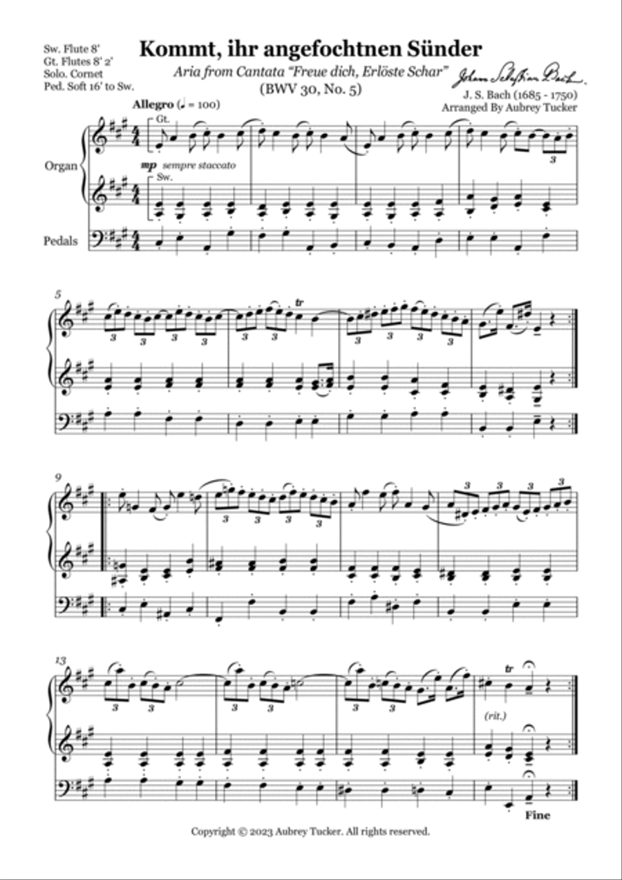 Organ: Kommt, ihr angefochtnen Sünder (Alto Aria) “Freue dich, Erlöste Schar” (BWV 30) - J.S. Bach Organ Solo scores gallery preview page 2