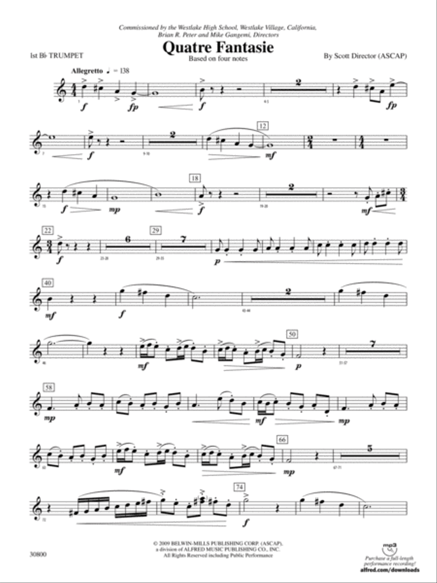 Quatre Fantasie: 1st B-flat Trumpet Concert Band scores gallery preview page 1