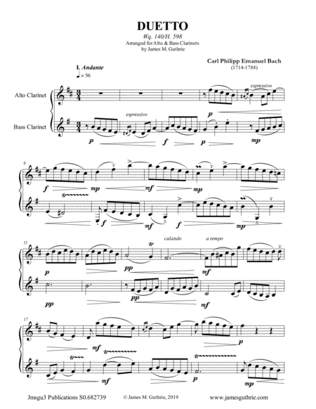 CPE Bach: Duetto Wq. 140 for Alto & Bass Clarinet Duo image number null