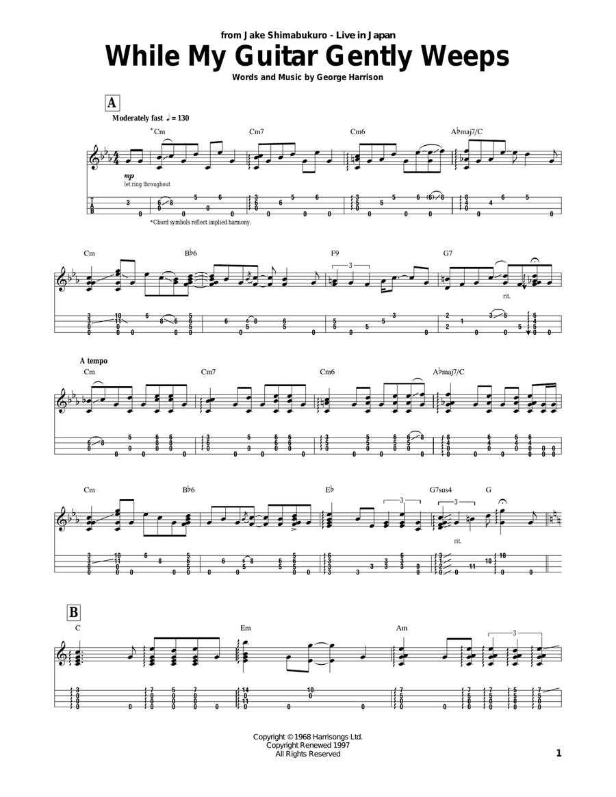 While My Guitar Gently Weeps (arr. Jake Shimabukuro) Electric Guitar scores gallery preview page 1