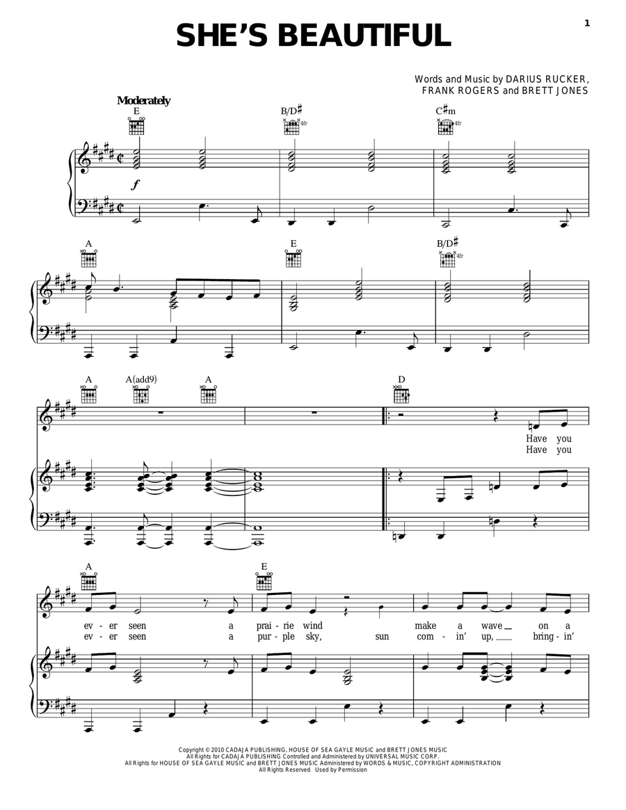 She's Beautiful Piano, Vocal, Guitar scores gallery preview page 1