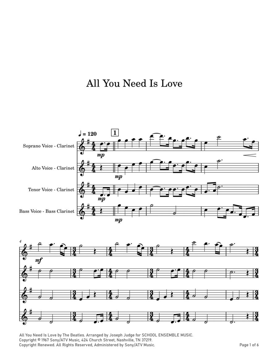 All You Need Is Love All You Need Is Love Clarinet Quartet scores gallery preview page 1