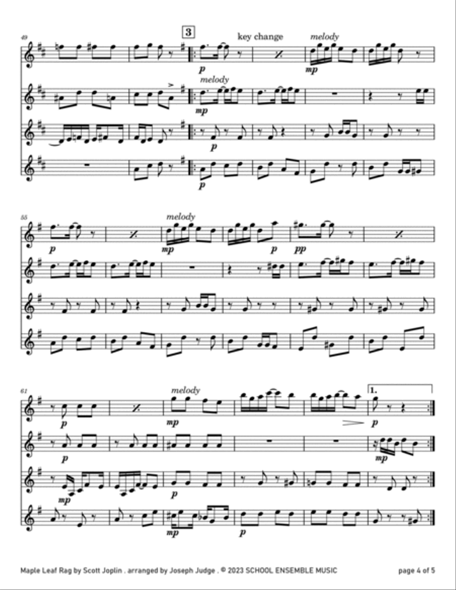 Maple Leaf Rag by Scott Joplin for Clarinet Quartet in School Clarinet Quartet scores gallery preview page 4