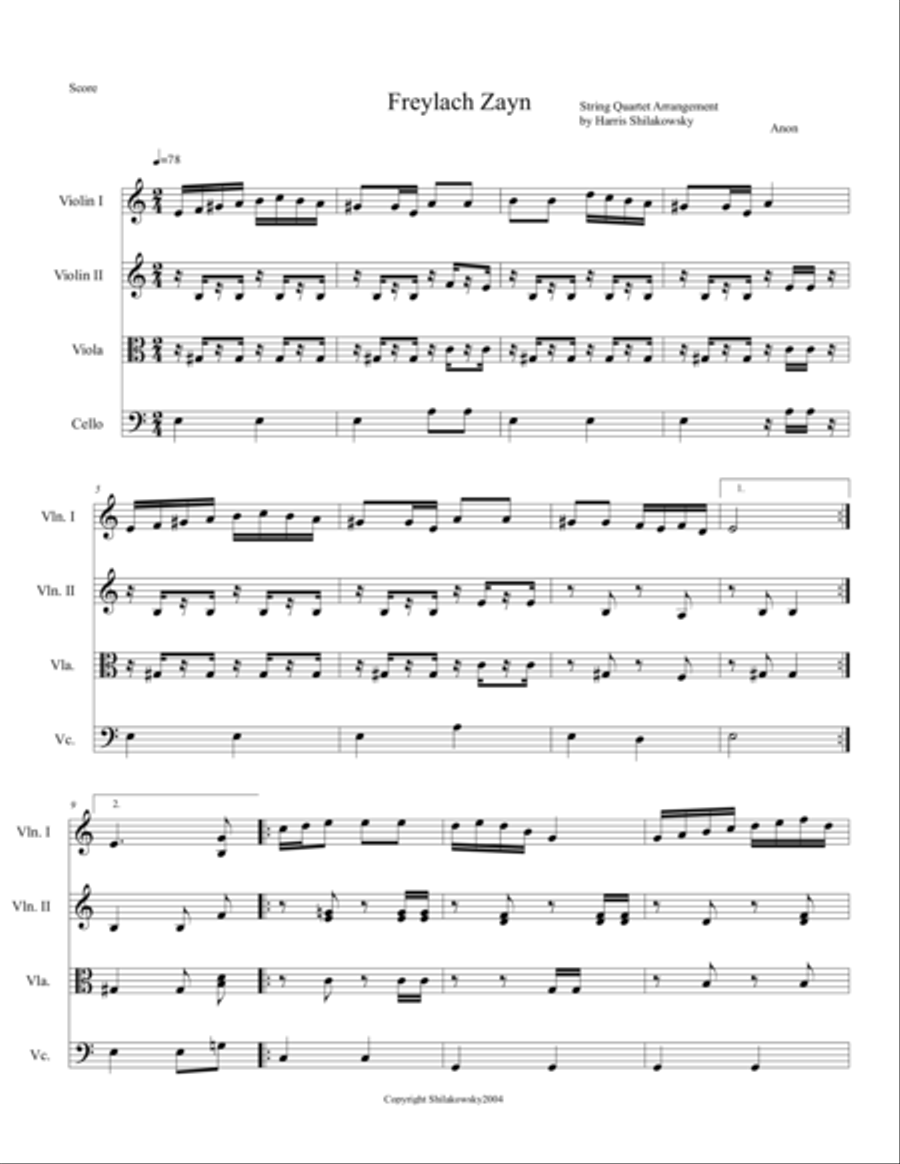 Freylach Zayn, String Quartet arrangement by Harris Shilakowsky String Quartet scores gallery preview page 1