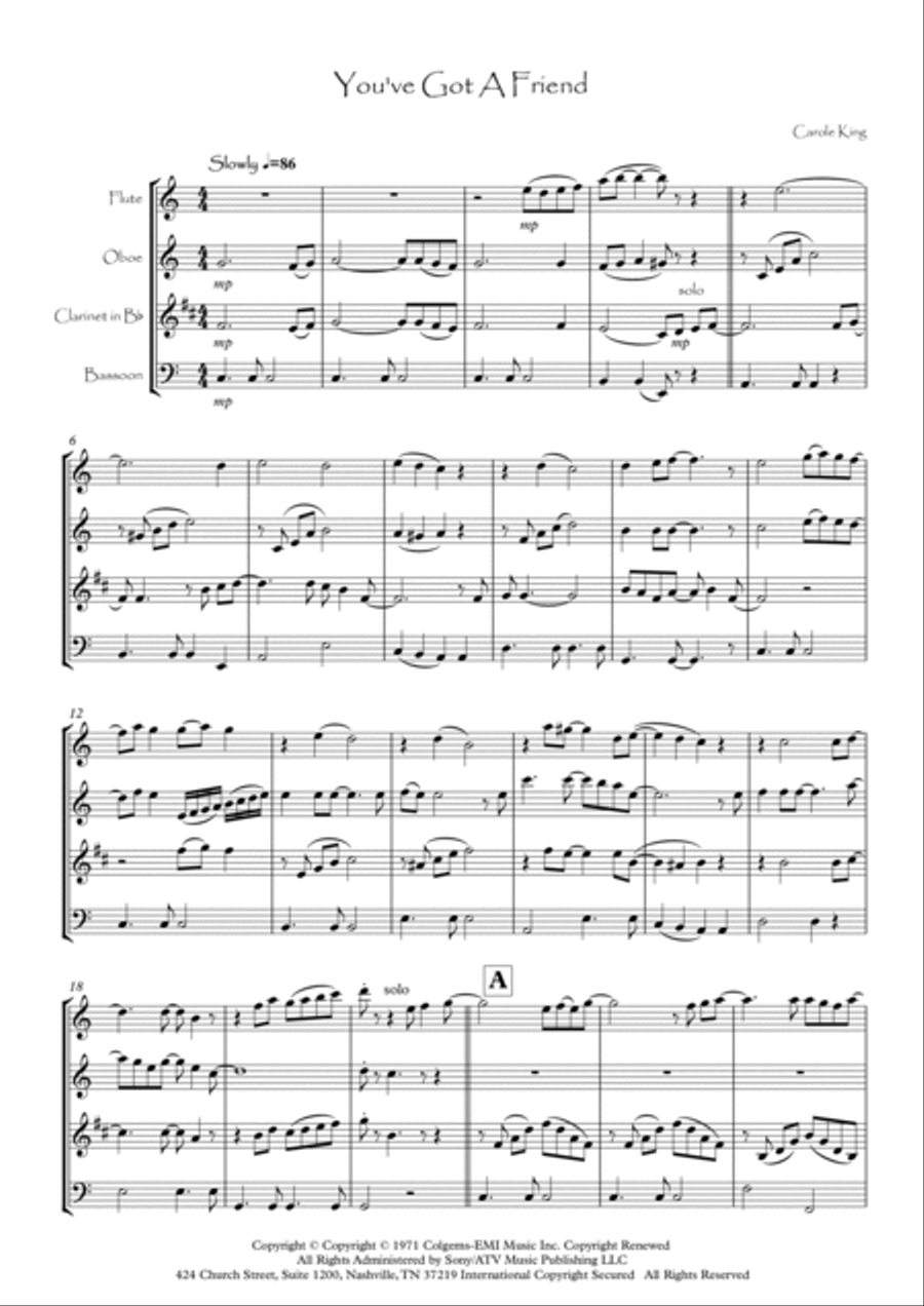 You've Got A Friend Woodwind Quartet scores gallery preview page 2
