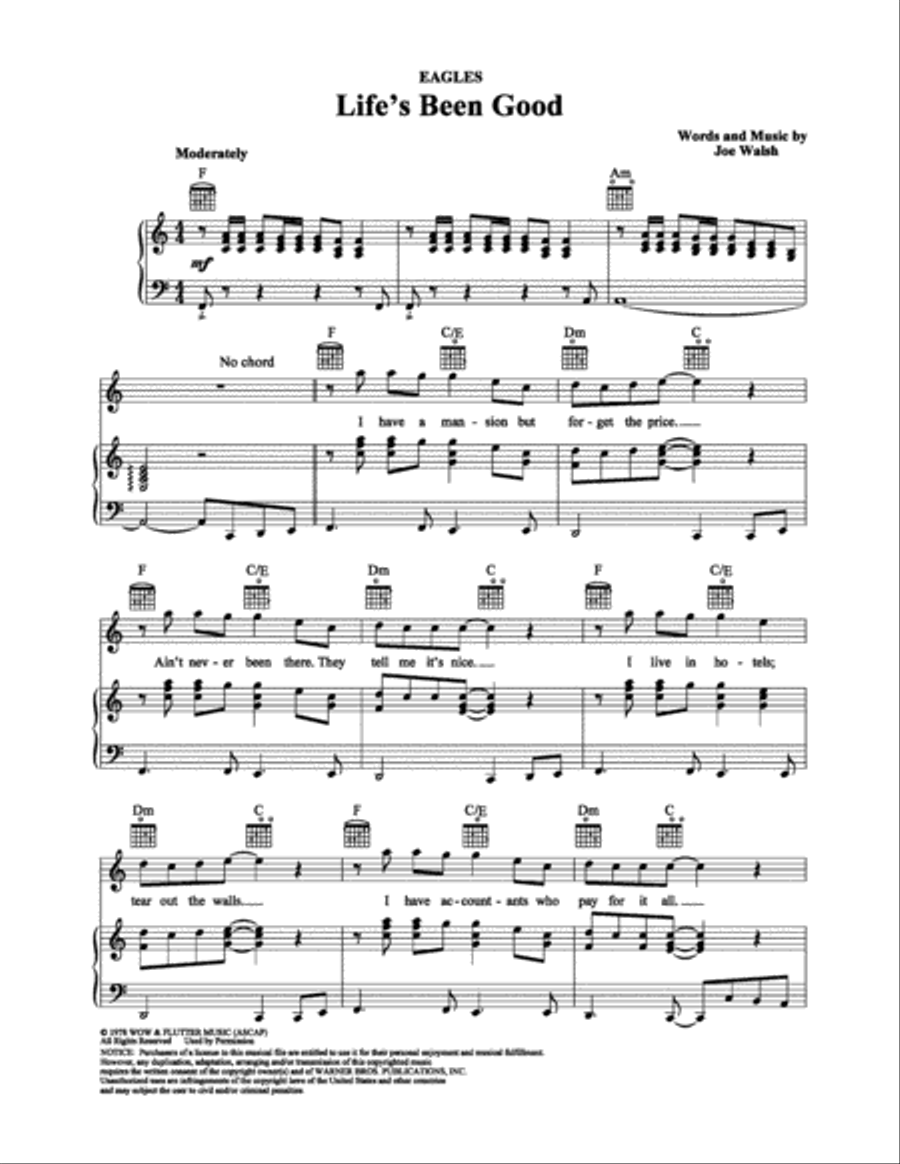 Life's Been Good Piano, Vocal, Guitar scores gallery preview page 1