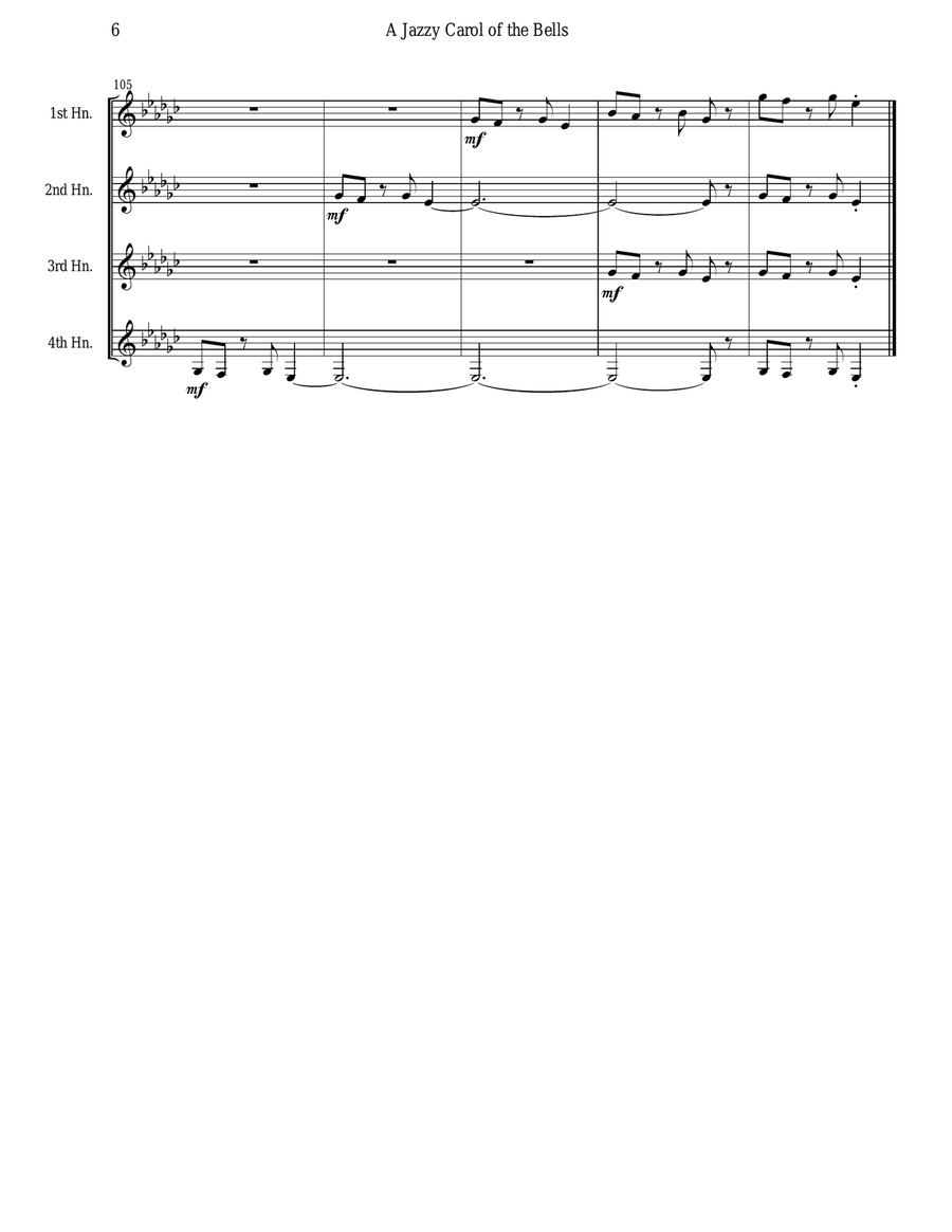 Carol of the Bells (Jazz Waltz for Horn Quartet) Brass Quartet scores gallery preview page 6