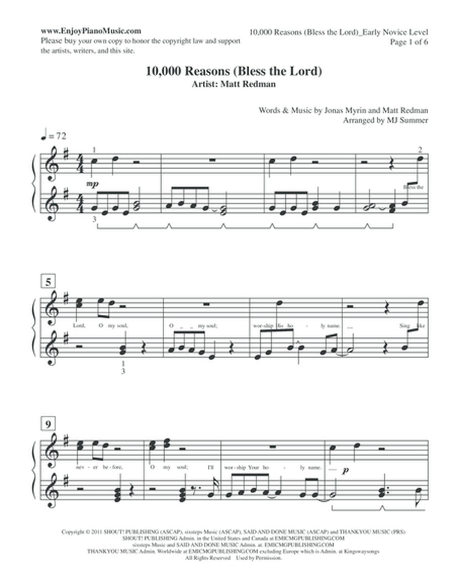 10,000 Reasons (Bless the Lord)--Piano Solo for Late Elementary/Early Intermediate Level