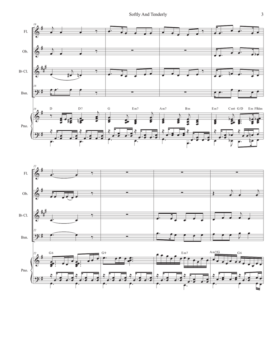 Softly And Tenderly (Woodwind Quartet and Piano) Woodwind Quartet scores gallery preview page 3