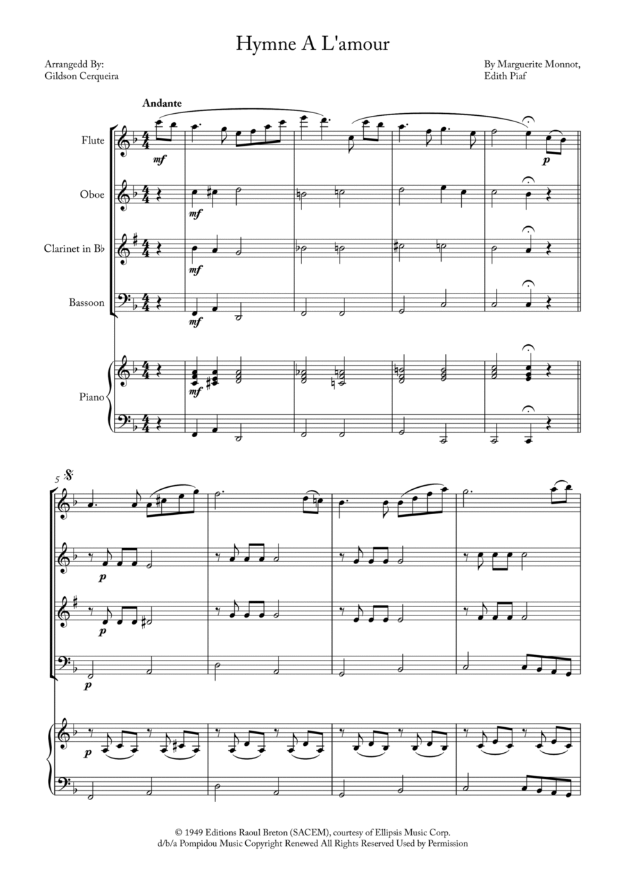 Hymne A L'amour Woodwind Quartet scores gallery preview page 1
