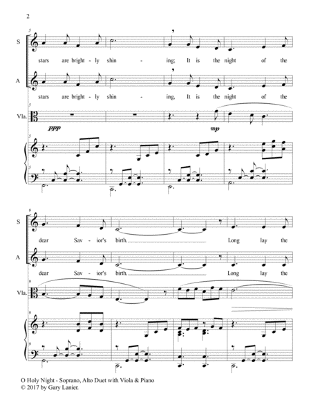 O HOLY NIGHT (Soprano, Alto Duet with Viola & Piano - Score & Parts included) image number null