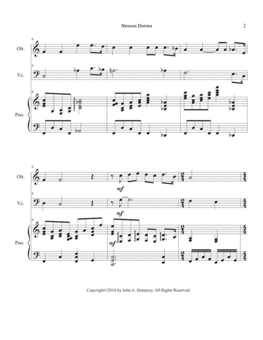 Nessun Dorma (in C major): Trio for Oboe, Cello and Piano image number null