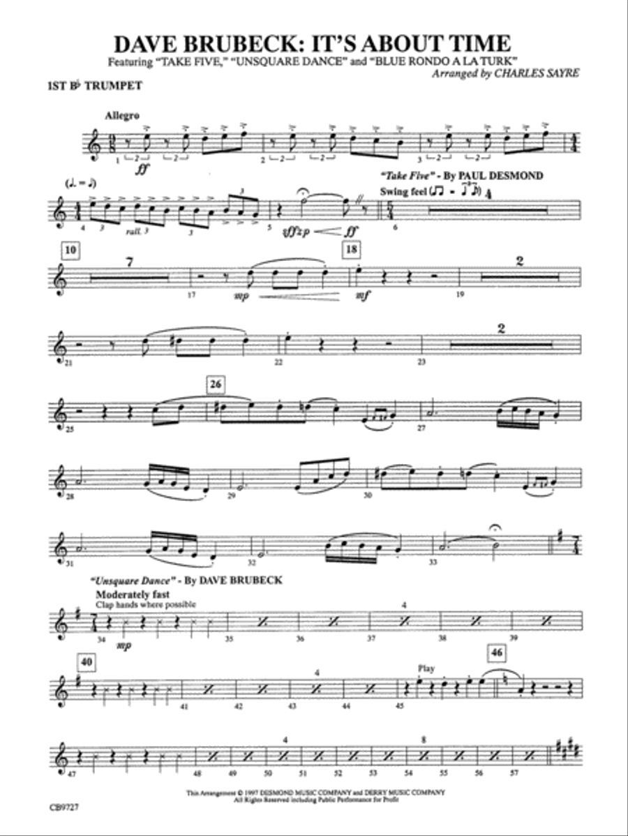 Dave Brubeck: It's About Time: 1st B-flat Trumpet Concert Band scores gallery preview page 1