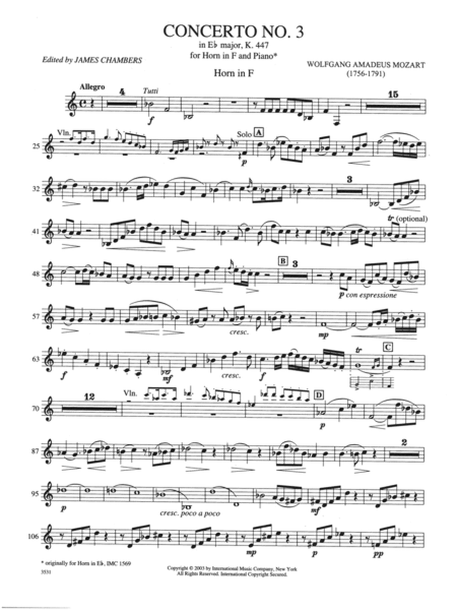 F Horn Part Only To The Concerto No. 3 In Eb Major, K.447 For Horn And Piano (To Replace The Solo Horn In Eb Part)