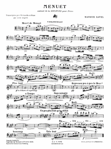 Menuet. Extrait de la sonatine pour piano. Violoncelle et piano. Transcription par Leon Roques
