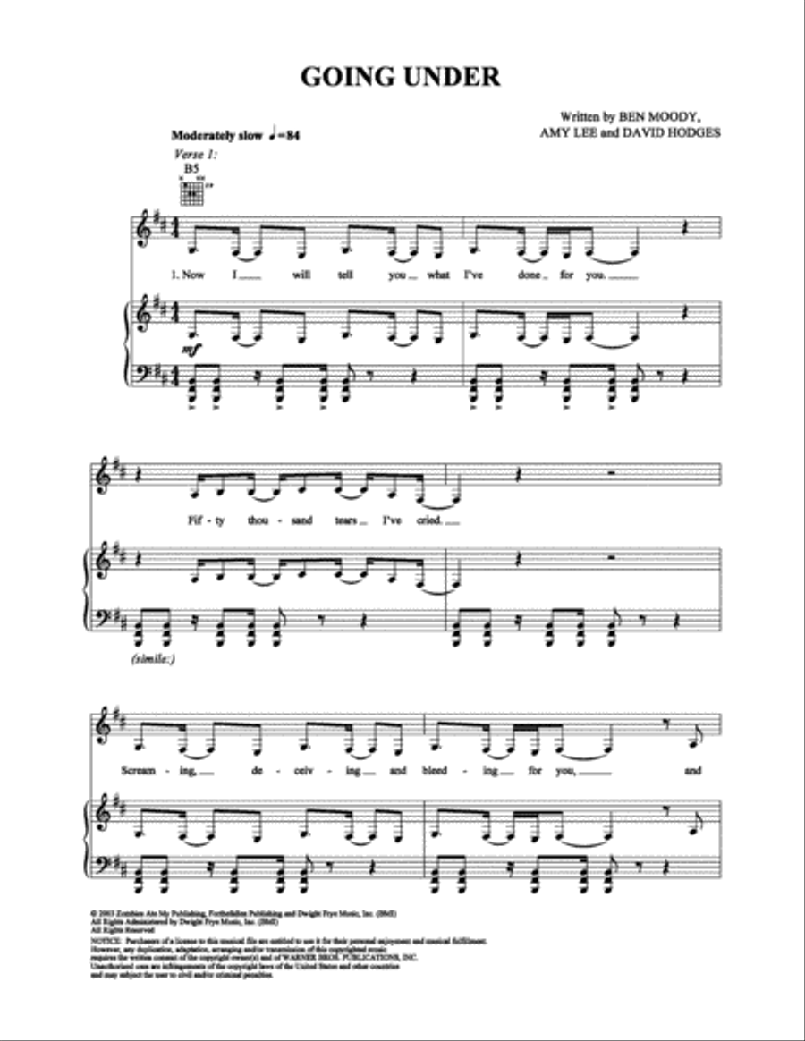 Going Under Piano, Vocal, Guitar scores gallery preview page 1
