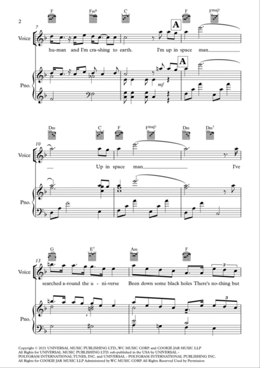 Space Man Piano, Vocal, Guitar scores gallery preview page 2