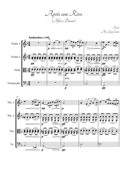Fauré - Aprés un Réve (After a Dream) - Arr. for String Quartet/Ensemble by Greg Eaton image number null
