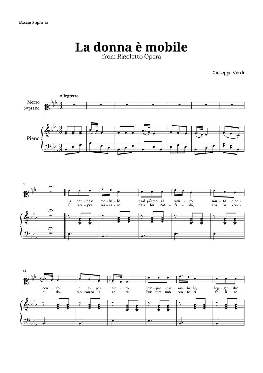 La donna è mobile in E-flat major for Mezzo Soprano and Piano Piano, Vocal scores gallery preview page 1