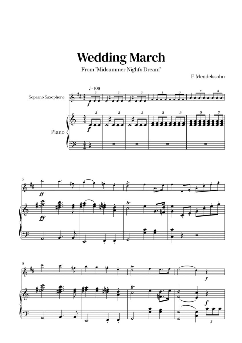 Felix Mendelssohn - Wedding March From Midsummer Night's Dream for Soprano Saxophone and Piano image number null