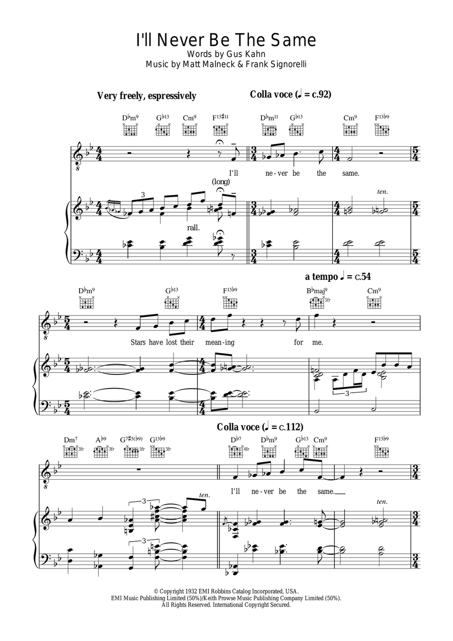 I'll Never Be The Same Piano, Vocal, Guitar scores gallery preview page 1