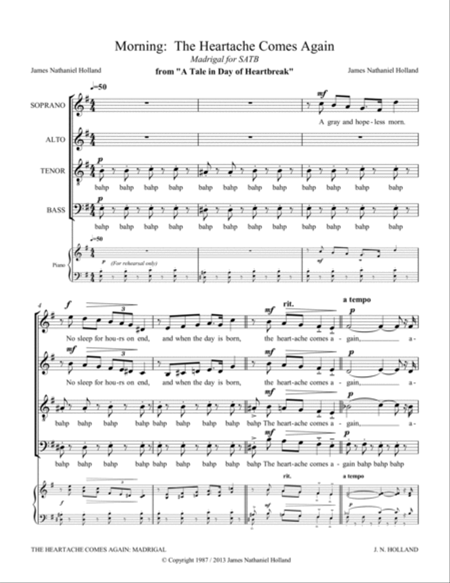 The Heartache Comes Again, Madrigal for a cappella SATB 4-Part scores gallery preview page 3