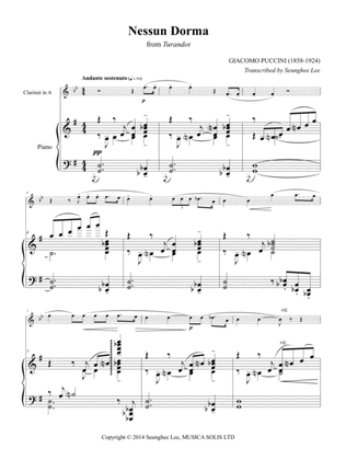 Puccini: Nessun Dorma for Clarinet and Piano