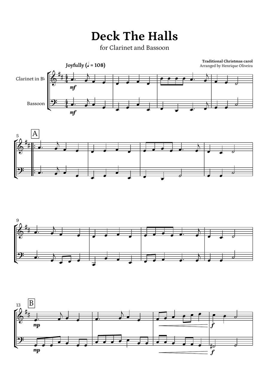 Deck The Halls (Clarinet and Bassoon) | Christmas Carol Woodwind Duet scores gallery preview page 1