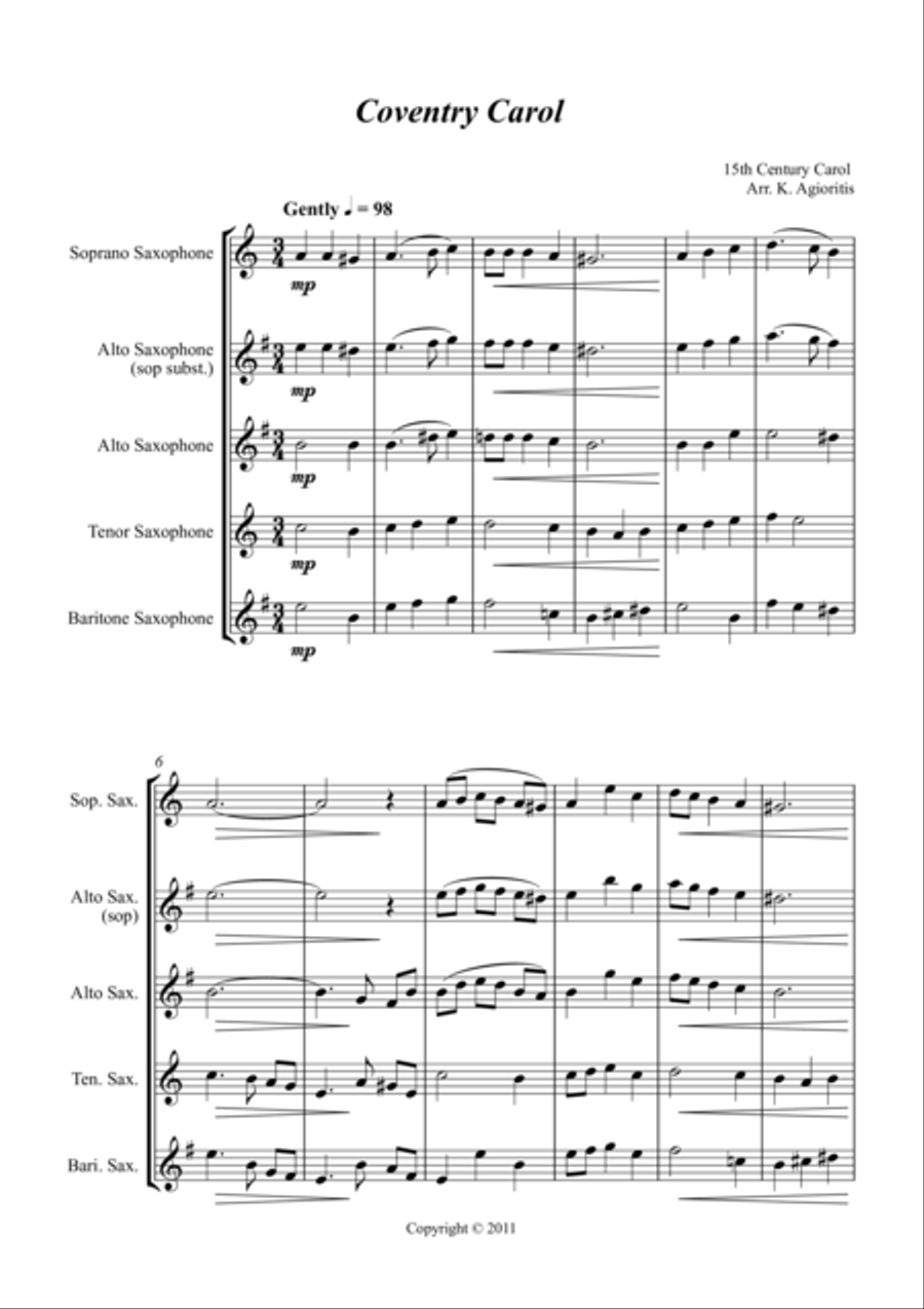 Coventry Carol - Jazz Carol for Saxophone Quartet Coventry Carol - Jazz Carol for Saxophone Quartet Saxophone Quartet scores gallery preview page 1