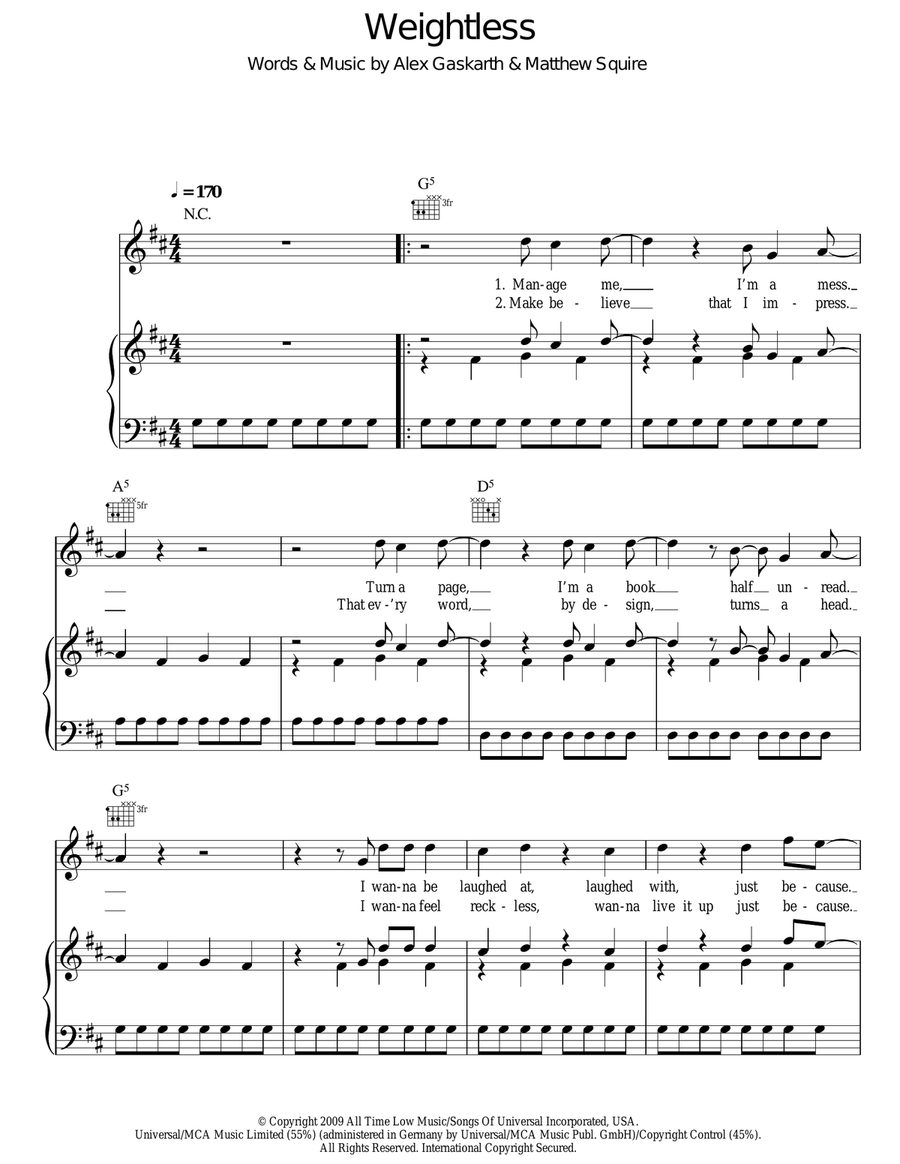 Weightless Weightless Piano, Vocal, Guitar scores gallery preview page 1