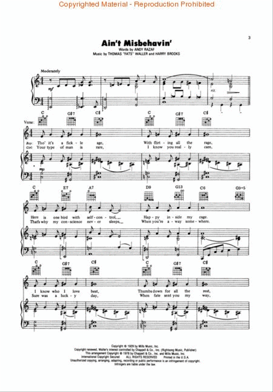 Ain't Misbehavin' Piano, Vocal, Guitar scores gallery preview page 3