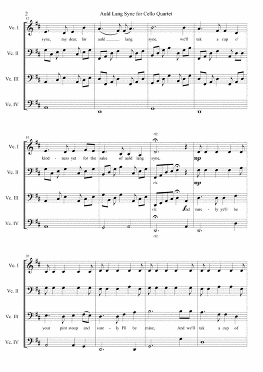 Auld lang syne for cello quartet with lyrics for 2 verses image number null