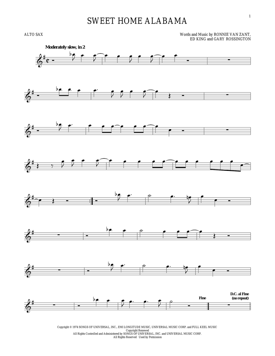 Sweet Home Alabama Alto Saxophone scores gallery preview page 1