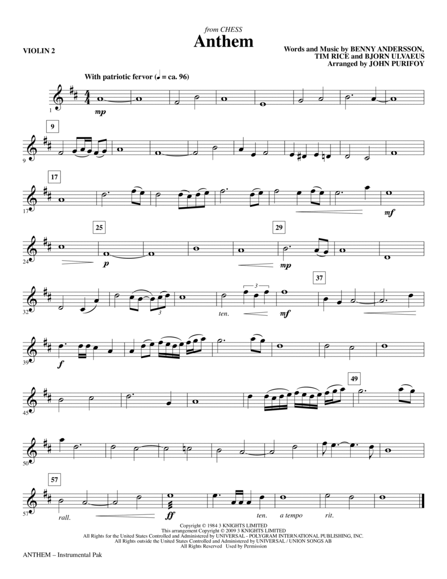 Anthem (from Chess) - Violin 2 Choir scores gallery preview page 1