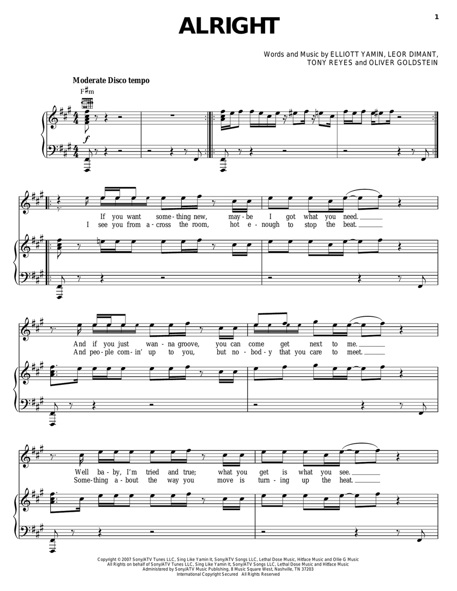 Alright Alright Piano, Vocal, Guitar scores gallery preview page 1