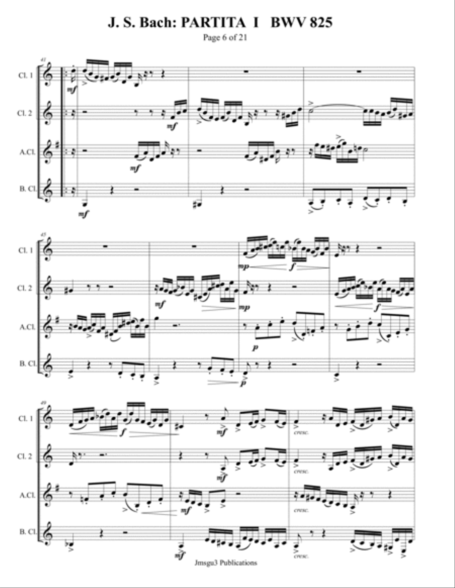 Bach: Partita No. 1 BWV 825 for Clarinet Quartet Clarinet Quartet scores gallery preview page 6
