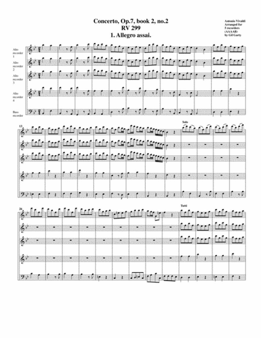 Concerto, Op.7, book 2, no,2, RV 299 (Arrangement for 5 recorders)