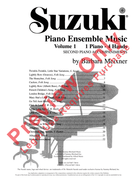 Suzuki Piano Ensemble Music for Piano Duet, Volume 1
