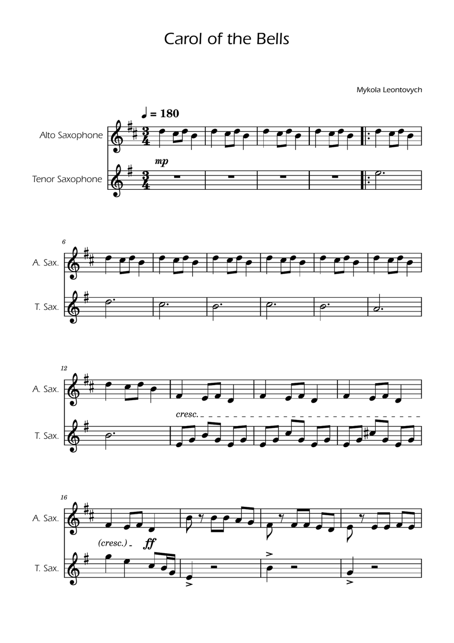 Carol of the Bells - Sax Duet AT Woodwind Duet scores gallery preview page 1