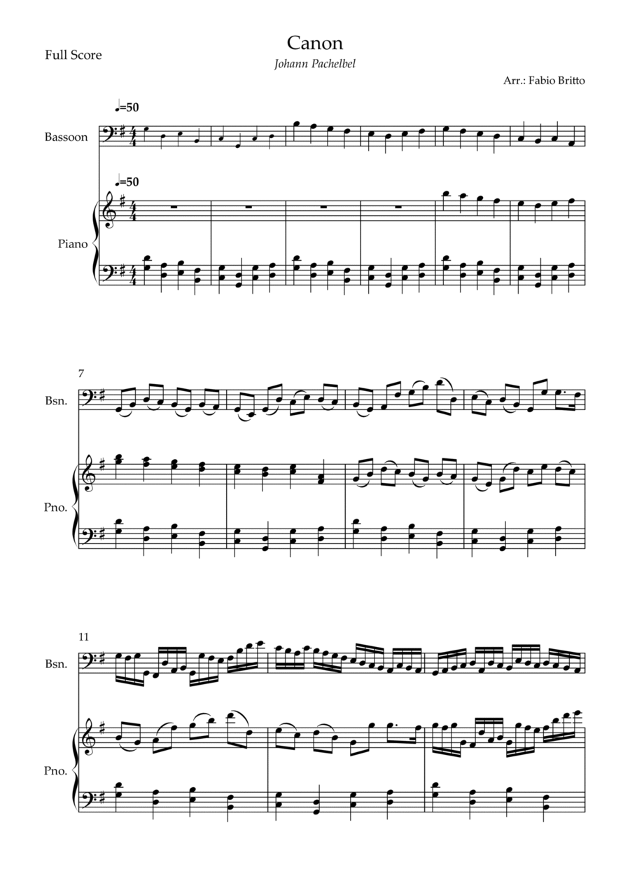 Canon - Johann Pachelbel (Wedding/Reduced Version) for Bassoon Solo and Piano Accompaniment Bassoon Solo scores gallery preview page 1