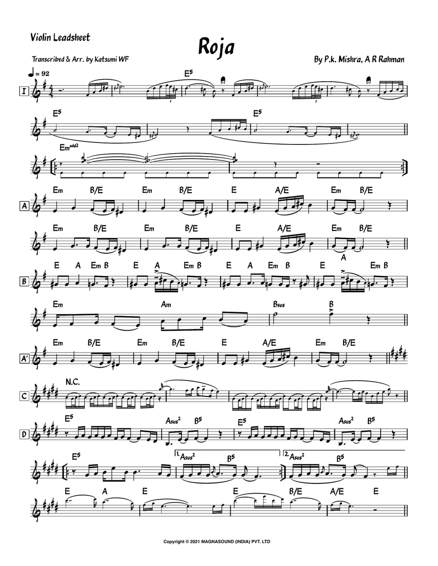 Roja Roja Violin Solo scores gallery preview page 1